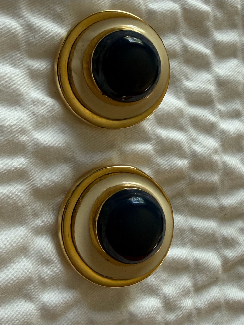 Vintage Large Enamel Round Gold & Blue Button Earrings Statement